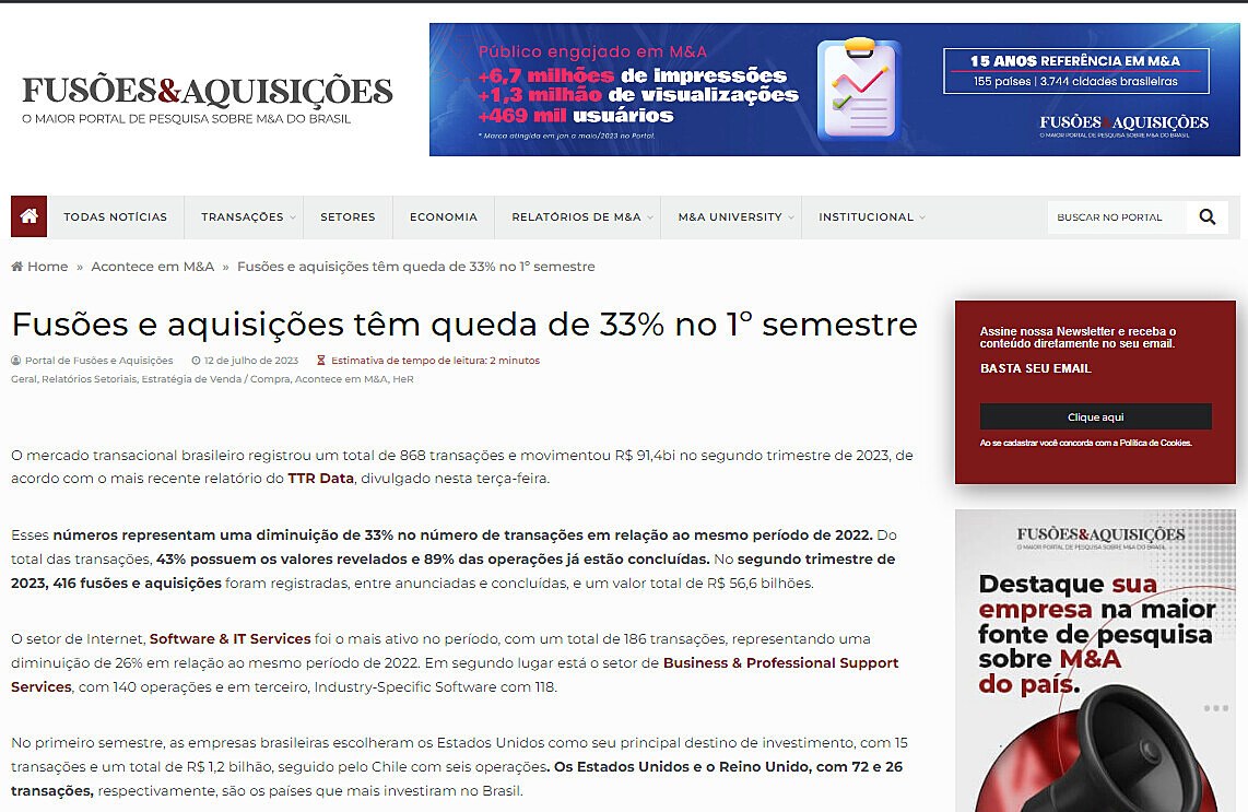 Fuses e aquisies tm queda de 33% no 1 semestre